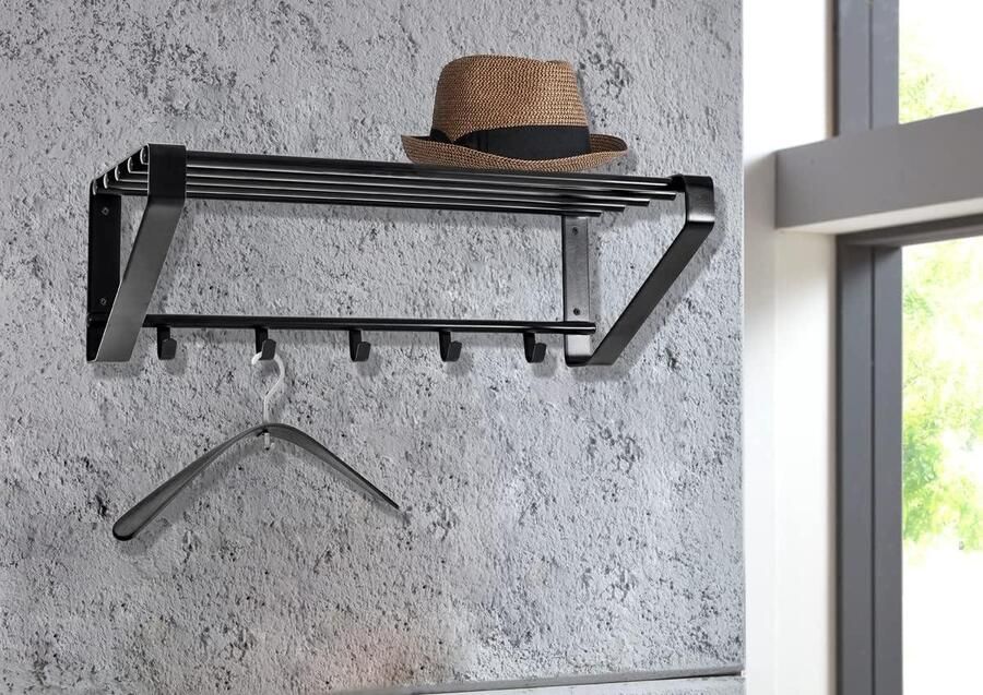 Wandkapstok metaal zwart B 65 x D 30 x H 20 cm HAKU Möbel stijlvol design kapstok hangend met plank