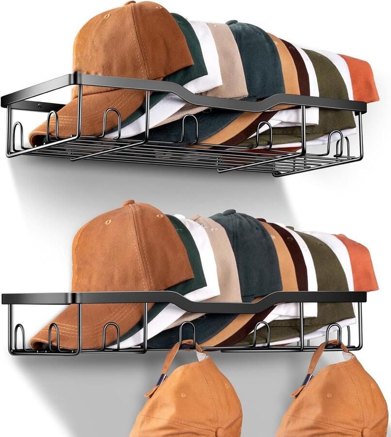 Wandkapstok Metalen Hoedenrek Voor Honkbalpetten – Kapstok hangend 2 Stuks Wandorganizer Voor 40 Petten – Stevige Muurbevestiging – Zwarte Hoedenhouder Met Ruimtebesparend Design – Duurzame Hoedenopslag & Pettenrek Display