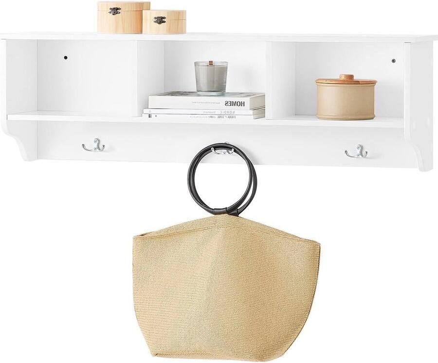 Wandkapstok opbergrek met 3 vakken en 3 haken voor hal entree woonkamer kantoor slaapkamer wit 100 x 20 x 30 cm FHK35-W kapschuur