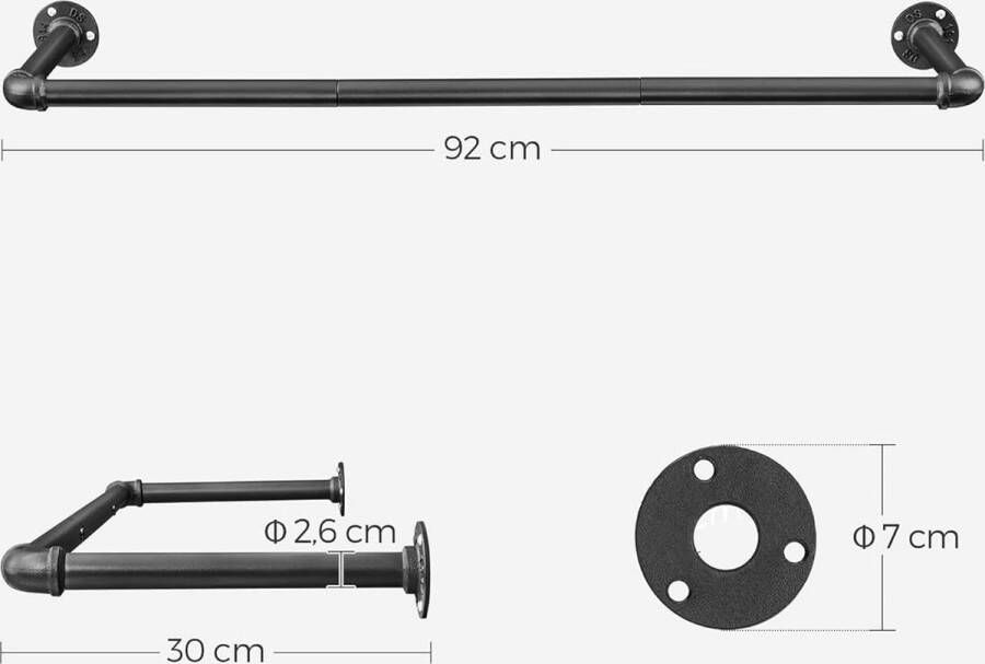 Wandkapstok ophangstangen voor kleding van industriële buizen ruimtebesparend 92 x 30 x 7 5 cm eenvoudige installatie voor kleine ruimte zwart HSR67BK