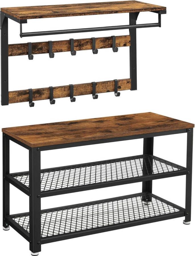Wandkapstok Schoenenbank Wandplank met plank en 10 haken Schoenenrek met 3 lagen opbergruimte Metalen frame voor hal Ingang Industrieel ontwerp Vintage bruin zwart LCR173B01