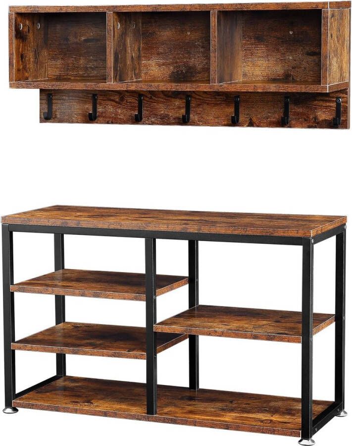Wandkapstok schoenenbankset kleerkast met schoenenbank schoenenrek met wandrek 3 opbergvakken 7 haken voor de entree hal industrieel design rustiek bruin