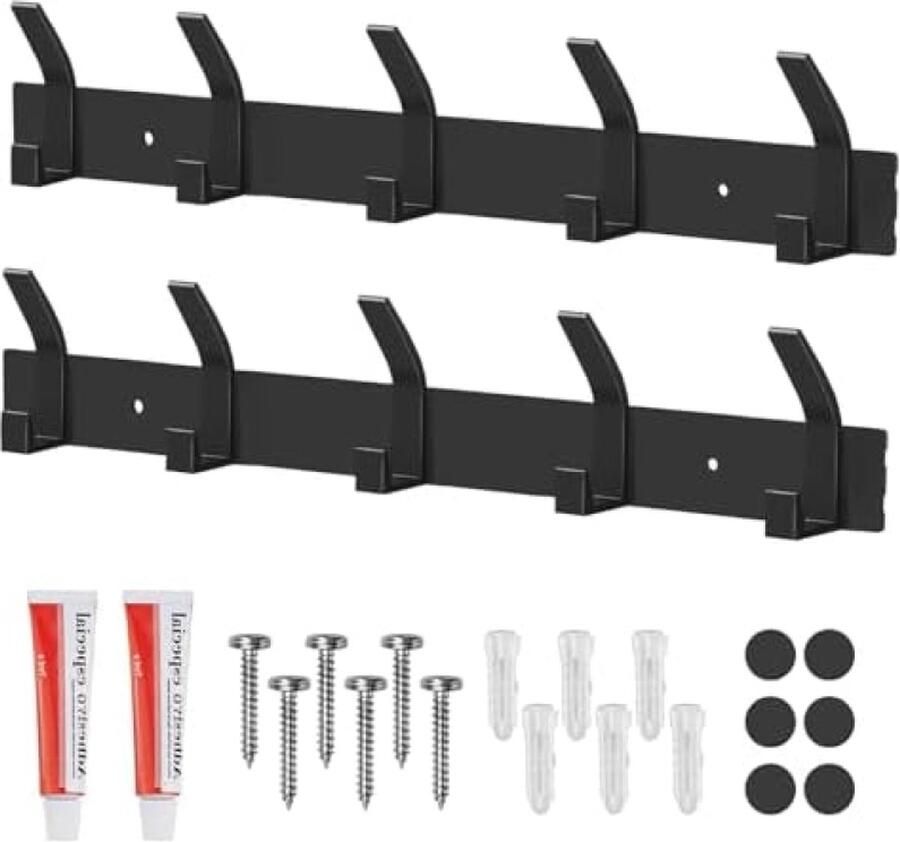 Wandkapstok set met 2 zwarte wandkapstok met 5 haken moderne wandgarderobe roestvrij kledinghaken voor keuken badkamer en slaapkamer