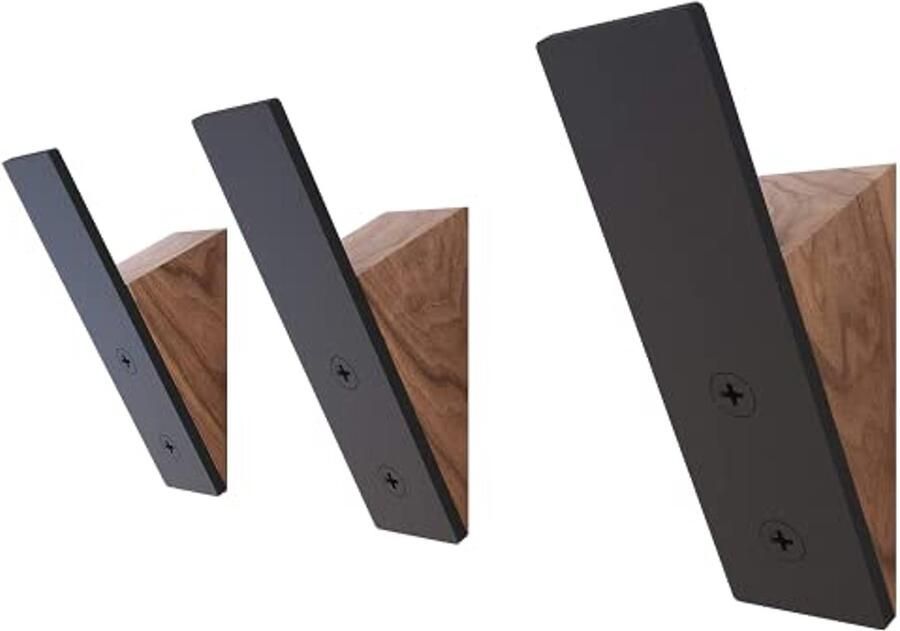 Wandkapstok Set van 3 Decoratieve Wandhaken voor Jassen en Hoeden Zwart Metalen Haken met Walnoot Hout