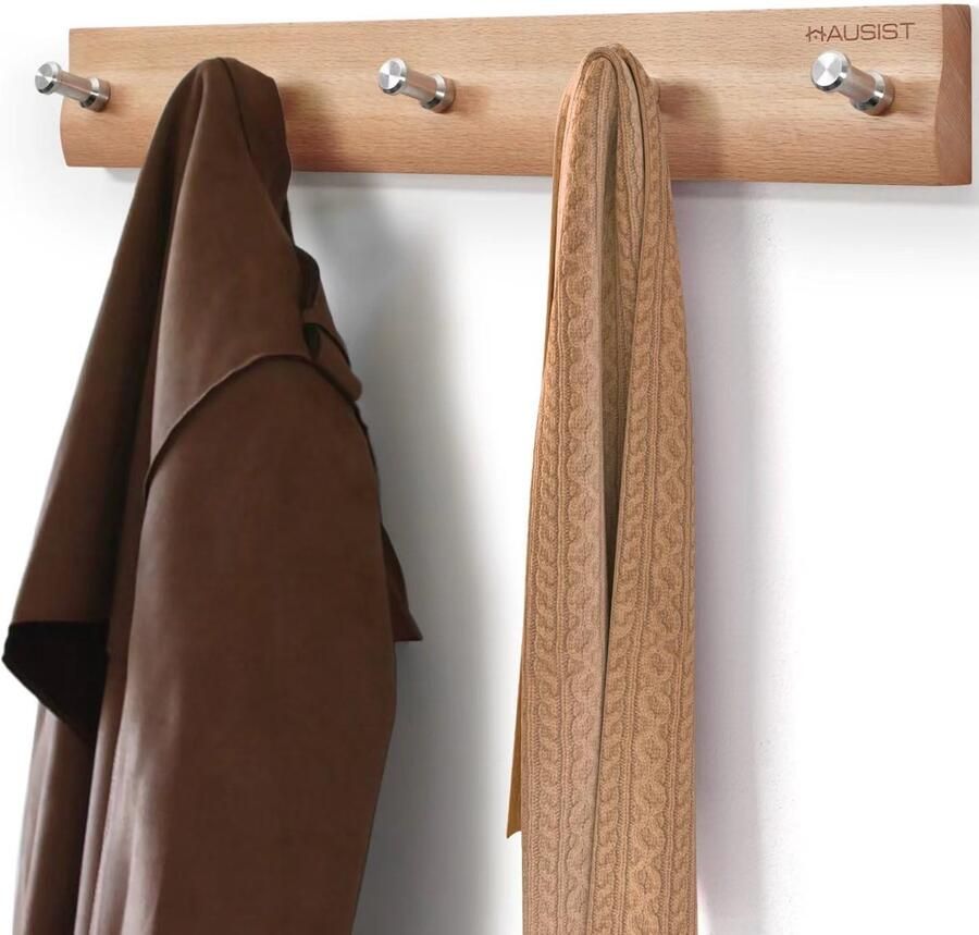 Garderobehaken van massief beukenhout met 5 roestvrijstalen haken (43 cm) Wandkapstok voor gangen kinderkamer slaapkamer en badkamer