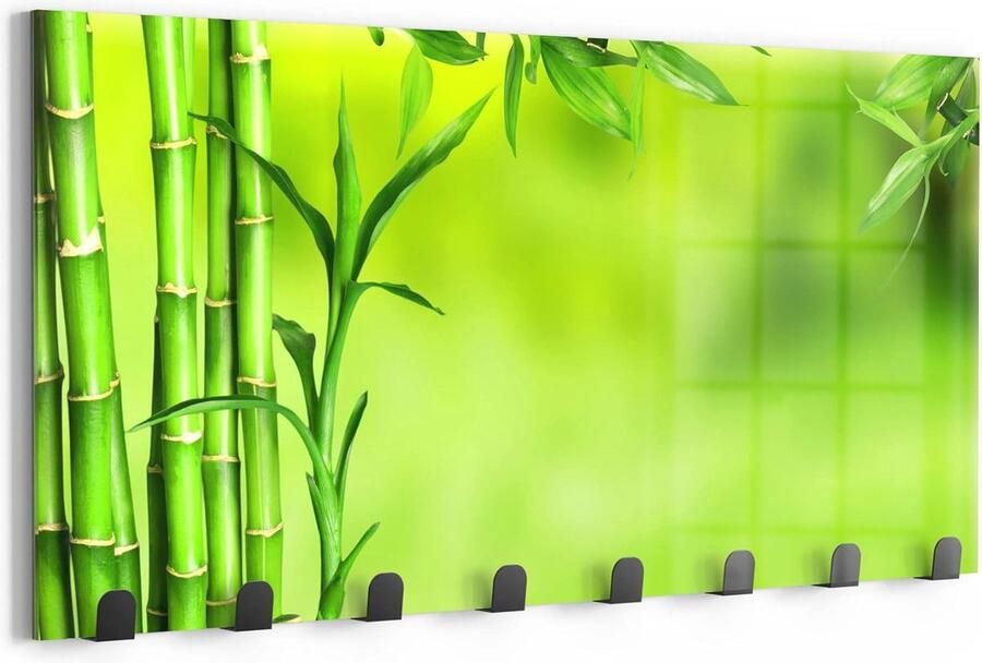Wandkapstok van glas en metaal met groen bamboemotief Modern garderobepaneel voor hal woonkamer slaapkamer 60x30 cm Magnetisch & beschrijfbaar
