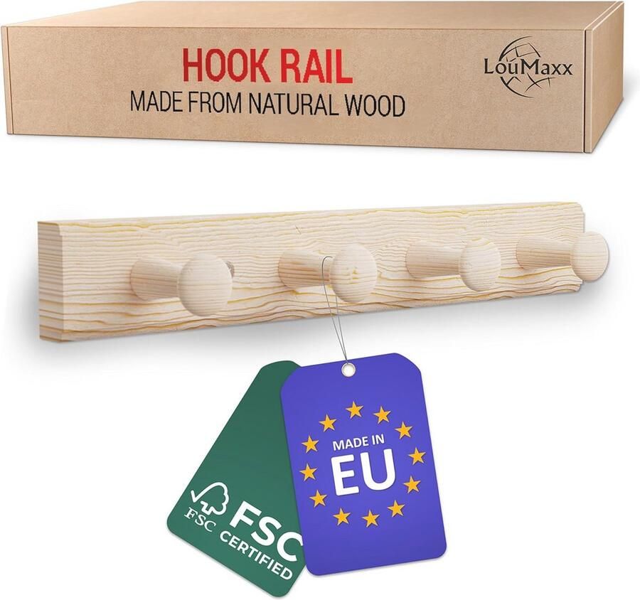 Wandkapstok van grenenhout met 4 haken – veelzijdige wandhaken voor kinderen en volwassenen