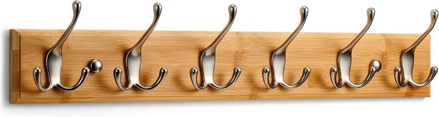 Wandkapstok van Hout met 6 Mat-Nikkel Haken 59 cm Ideaal voor Jassen en Tassen