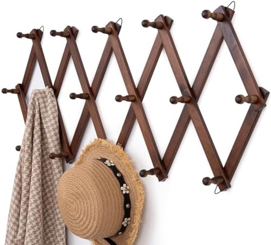 Wandkapstok van massief hout met 16 haken Uittrekbare en vintage garderobe voor muurmontage
