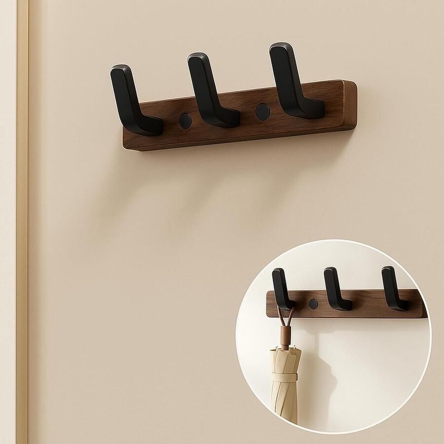Wandkapstok van massief notenhout elegante haken veelzijdig