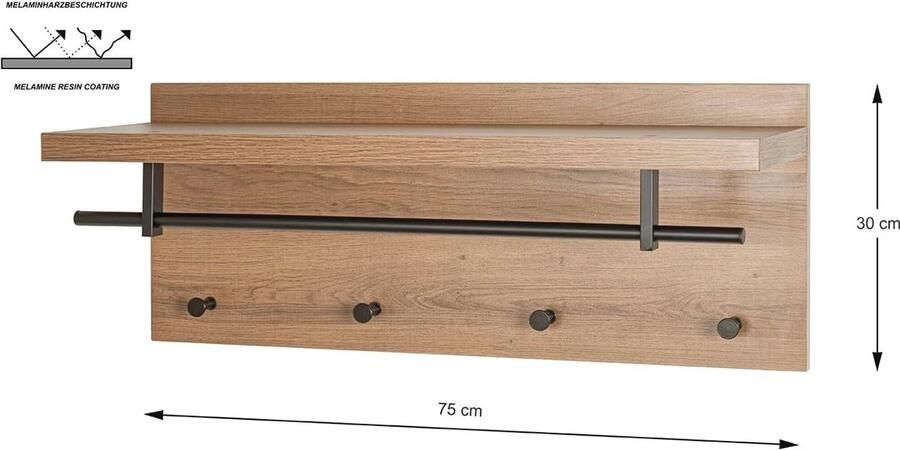 Wandkapstok van MDF en eikenhout Zwart 75 x 26 x 30 cm