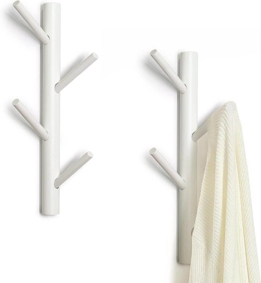 Stevige houten kapstok voor garderobe en hoedenstandaard met 8 haken 2 stuks (wit)