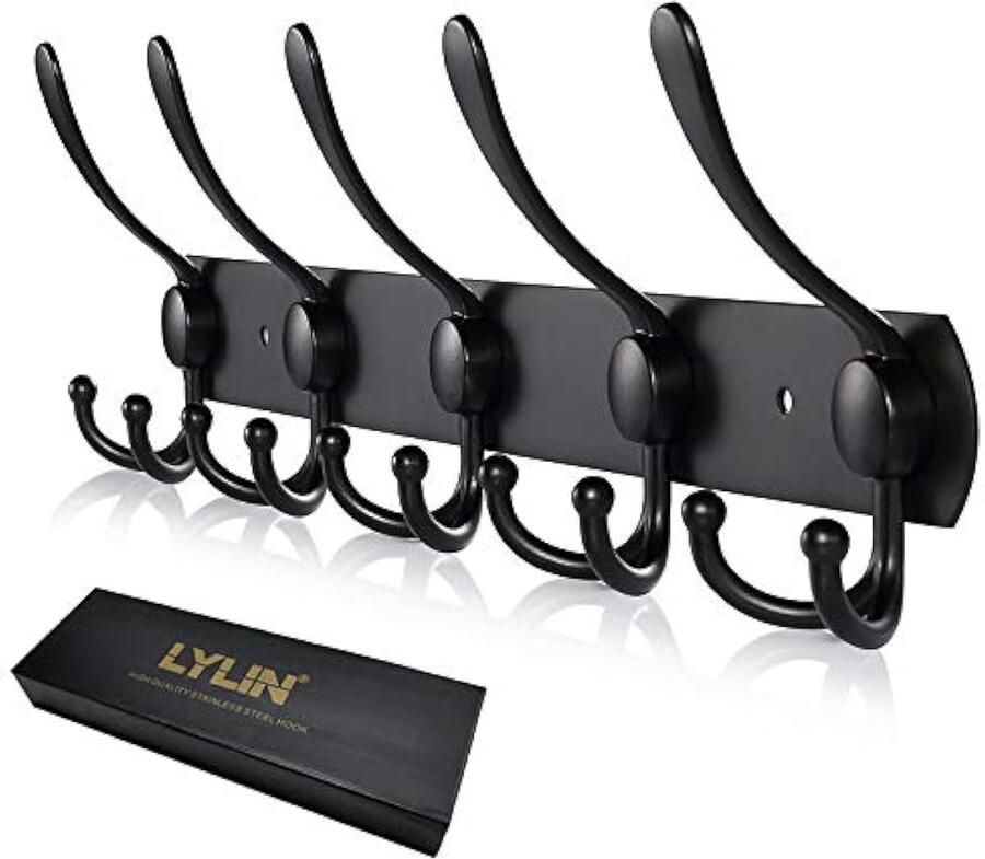 Wandkapstok Wandgemonteerde Kapstok in Roestvrijstaal Kapstokhaken Jashaken met 15 Haken Ca.15 kg Belastbaar (Zwart)