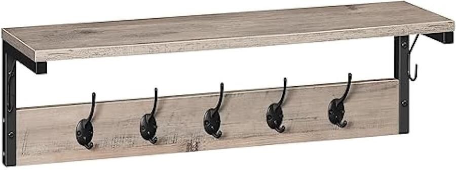 Wandkapstok Wandhaak met legplank Wandrek met 7 haken Wandgarderobe voor hal woonkamer slaapkamer industriële stijl greige-zwart EBG16YM01