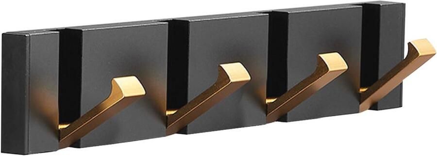 Wandkapstok Zwart Goud Metaal met 4 Haken voor Entree Badkamer Slaapkamer en Keuken