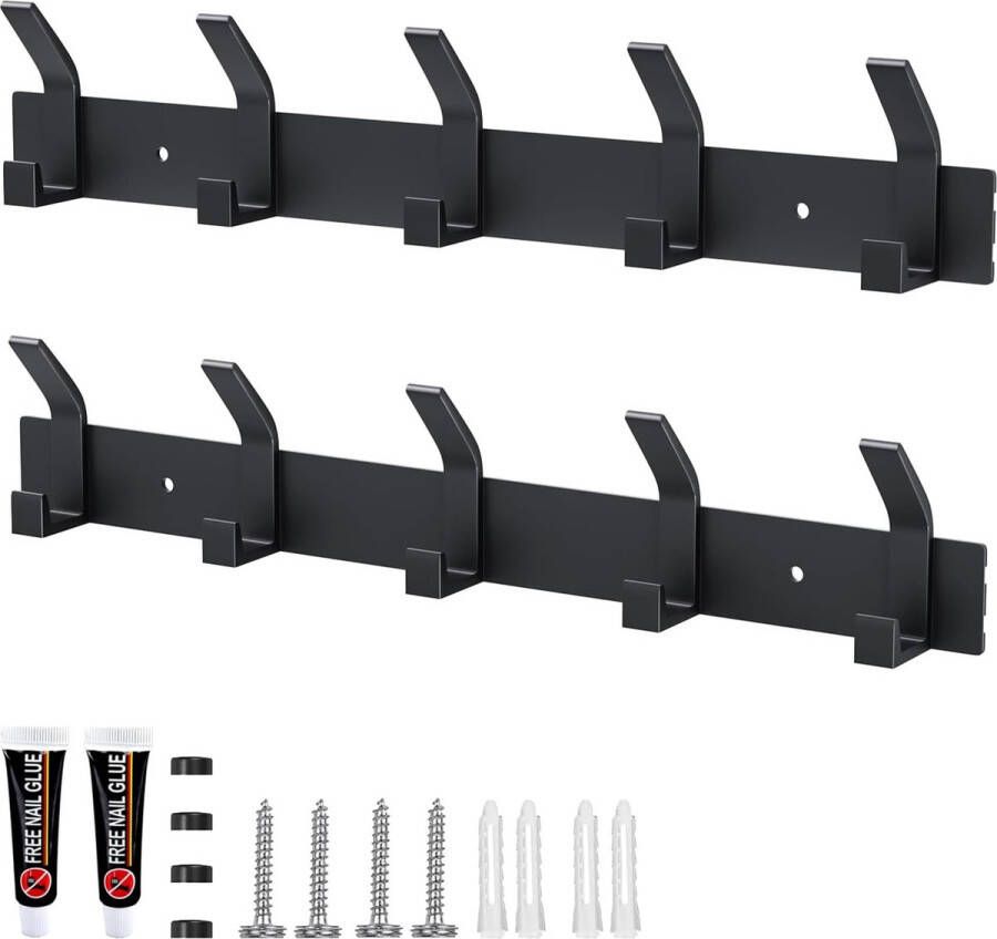 Wandkapstokken 2 stuks kapstokken met 5 haken metalen kapstokken haakkast voor slaapkamer badkamer keuken kapstok wandkapstok (matzwart)