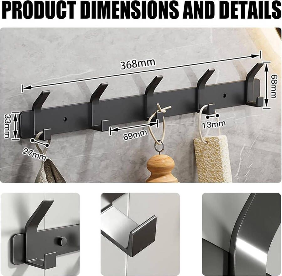 Wandkapstokken 2 stuks kapstokken met 5 haken metalen kapstokken voor slaapkamer badkamer keuken kapstok wandkapstok (zwart)