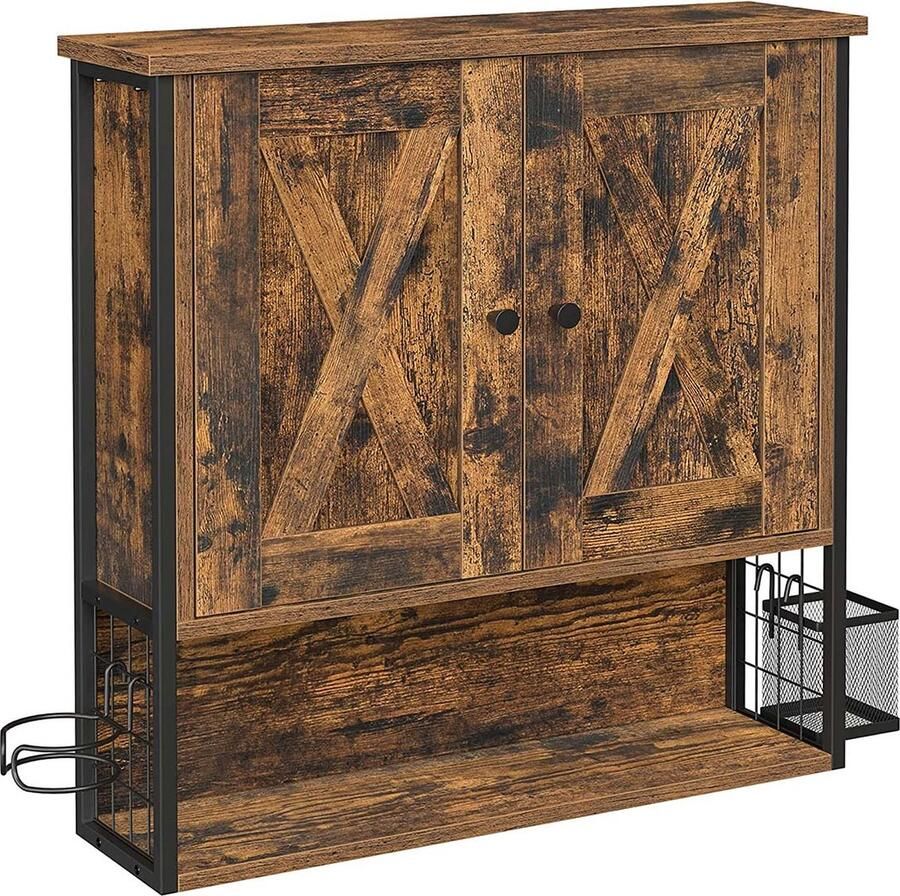 Wandkast badkamerkast 2 deurkasten met verstelbare plank haardrogerhouder mesh borstelhouder industriële stijl rustiek bruin en zwart