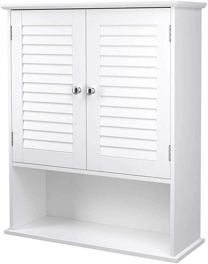 Wandkast Hangende badkamerkast 60x20x70cm wit houten ontwerp met dubbele lameldeuren verstelbare legplanken en open vak modern minimalistisch stijl voor badkamer woonkamer hal