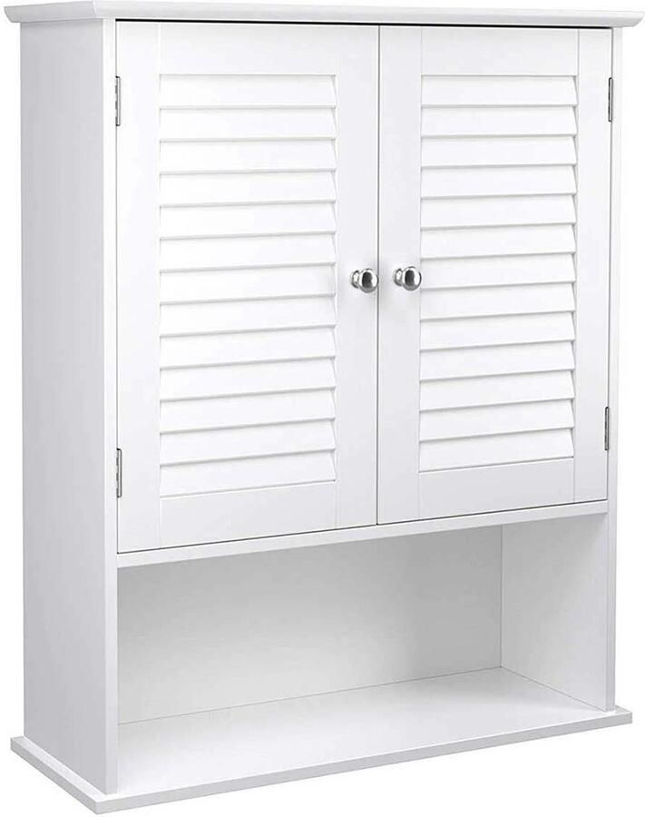 Wandkast Hangende Badkamerkast met Dubbele Deuren en Vak Badkameropbergmeubel met Verstelbare Planken en Open Vak Grote Capaciteit en Veelzijdige Opslag Stevige Houten Constructie 60 x 20 x 70 cm Wit