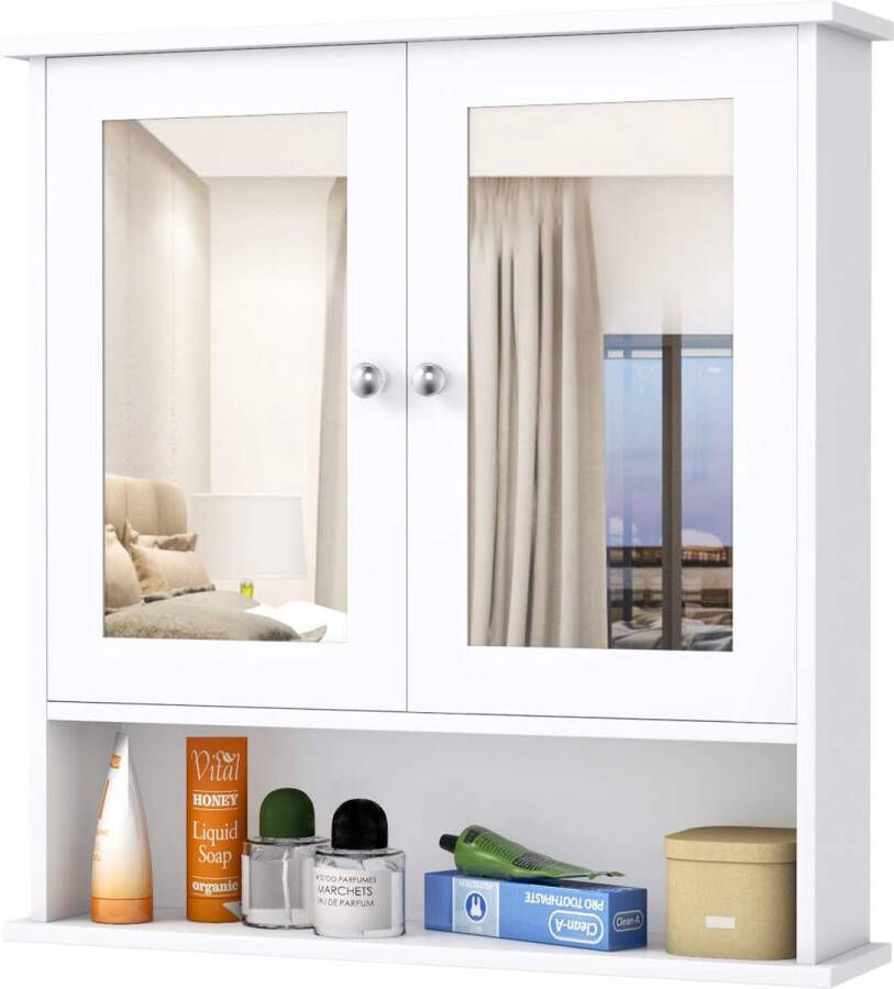 Wandkast voor badkamer 2 spiegeldeuren 3 etages hangkast voor opslag in hoogte verstelbaar 56 5 x 13 5 x 58 5 cm (wit)