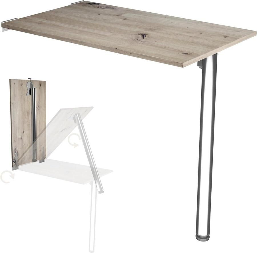Wandklaptafel eiken tafelblad 80x50 cm inklapbare bureau eettafel keukentafel hoogte 74 cm wandmontage met tafelpoot klaptafel wandmontage