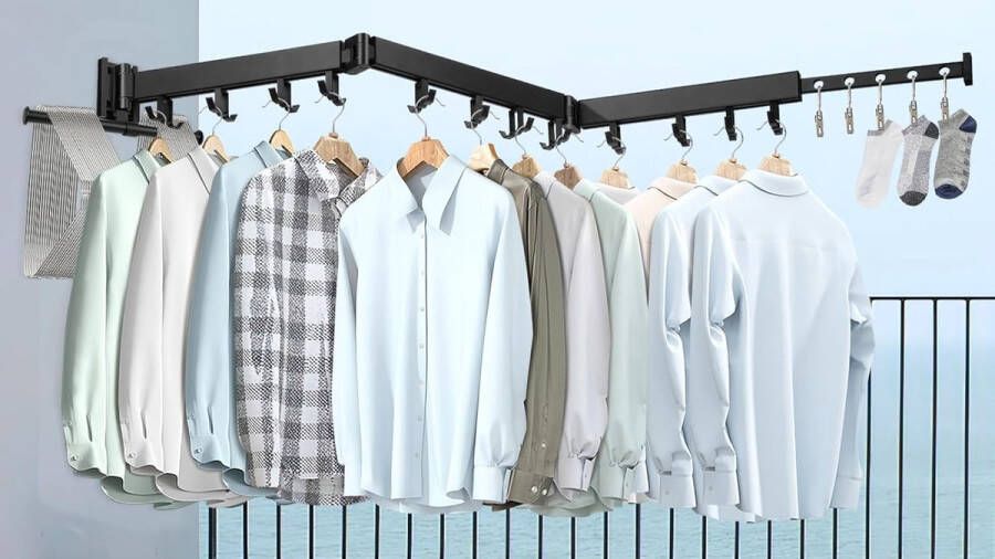 Wandkledingrek 125 cm uittrekbaar kledingrek opvouwbaar kledingrek met 24 haken en handdoekhouder voor balkon slaapkamer wasplaats drievoudig
