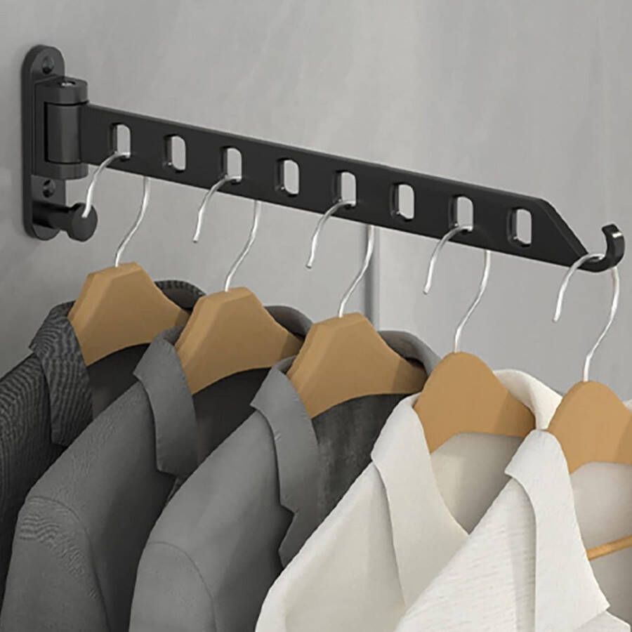 Wandkledingrek opvouwbaar 180° draaibare kledinghaak kledingroede muurhaak kapstok kledingventilator voor balkon wasruimte badkamer (zwart 8 gaten)