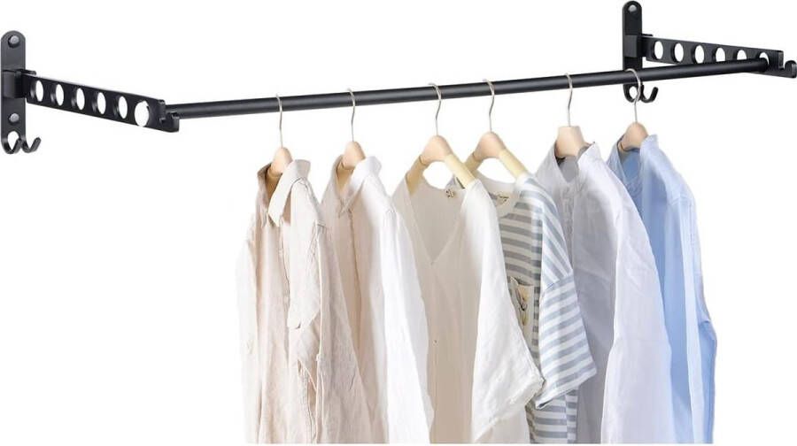 Wandkledingventilator kledingstandaard kledinghaken inklapbaar met stang wandmontage garderobehaken voor slaapkamer wasruimte (zwart 2 stuks + stang)