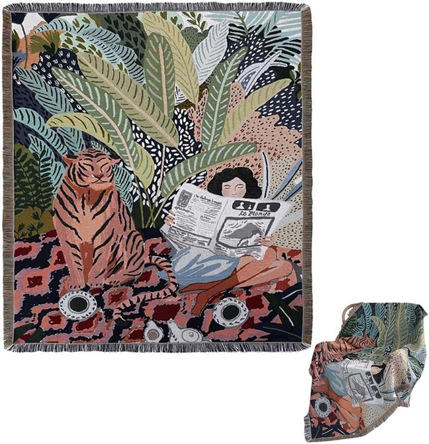Wandkleed 160 x 130 cm Groot Wandtapijt Wanddoek Geweven Deken met Kwastje van Tijgermeisje Poster Art Muurkleed Tapestry Wanddecoratie Wandkleden Decoratieve Wandtapijt voor Stoel Bank Slaapbank Strand Reizen Picknick