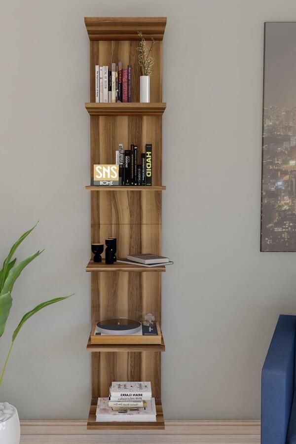 Bofigo Wandmontage Boekenkast Wandplank Decoratieve Plank Esthetisch Ontwerp MDF Okkernoot 180 x 35 x 30 cm 6 Planken