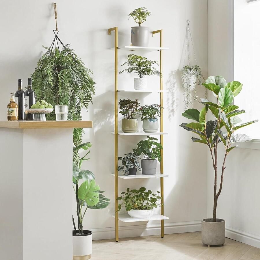 Mrs. Jones Boekenplank wandmontage ladderplank 5-laags boekenkastrek opslageenheid met metalen frame industriële zwevende wandplank voor woonkamer keuken kantoor 40 × 30 × 178 cm opslagrek wit