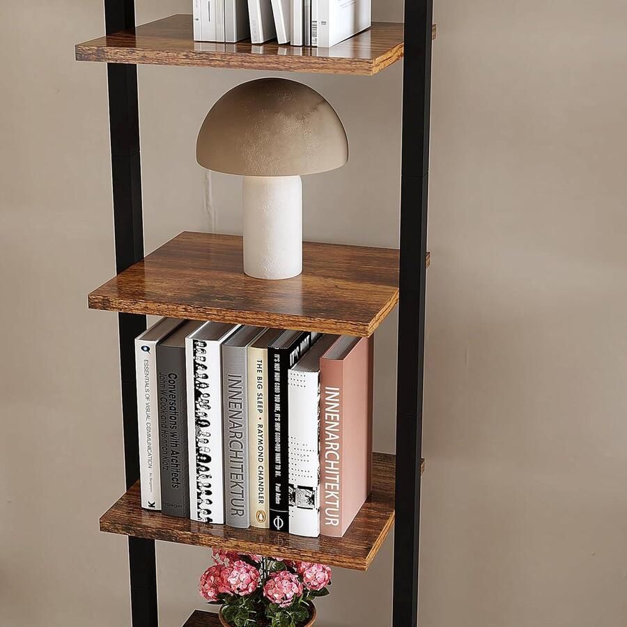 Mrs. Jones 5-niveaus Ladderrek voor boekenkast doe-het-zelf staand rek wandmontage hout metaal decoratie planten woonkamer kantoor balkon rustiek bruin HBC015H