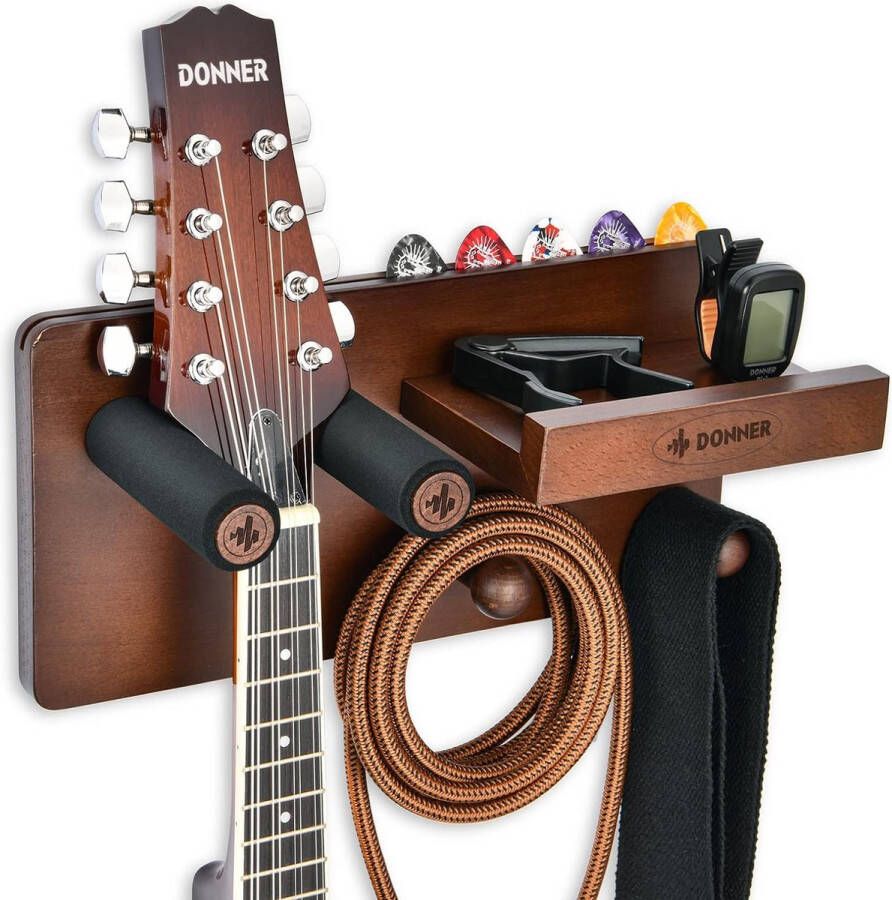 Wandmontage Gitaar Houten Gitaarhaakhouder Gitaarhouder Muur met Plectrums Houder en 2 Haken voor Ukelele Viool en Bas Elektrische Gitaren Akoestische en Gitaaraccessoires