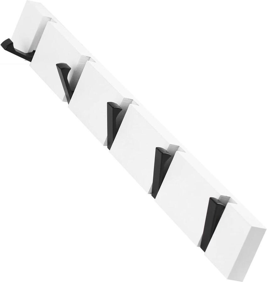Wooden Wall Mounted Coat Rack Hanger with Folding Metal Hooks (White 5 Hooks)