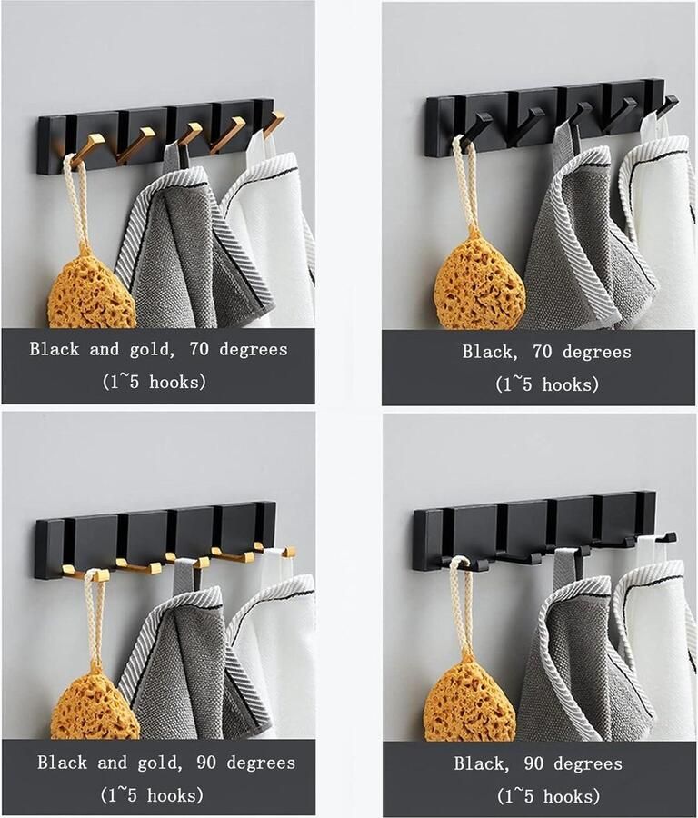 Wandmontage kapstok zwart goud metaal 70 graden Handdoekhanger opknoping kleding Entree badkamer slaapkamer keuken T1 5 haken zwart goud kapstok hangend met plank