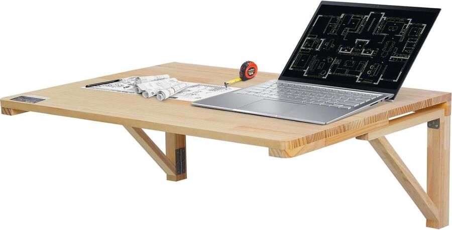 Wandmontage klaptafel 80 cm x 60 cm houten zwevend bureau met ijzeren beugel neerklapbaar bureau voor kleine ruimtes thuiskantoor eetkamer wasruimte klaptafel wandmontage
