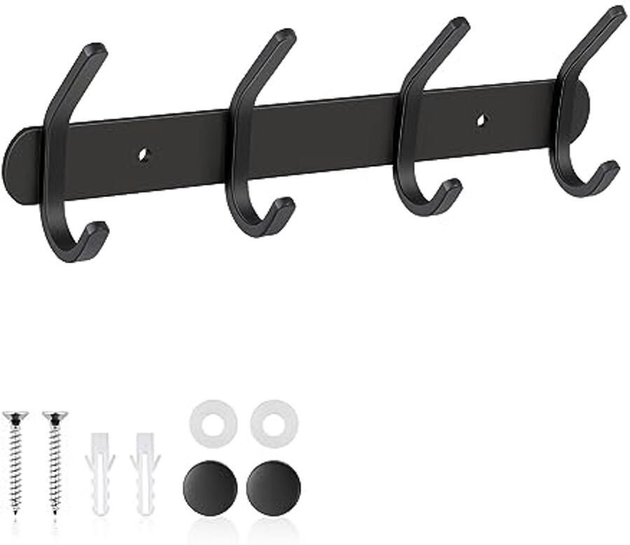 Wandmontage Kledinghaken van Roestvrij Staal met 4 Haken Handdoekhouder en Kapstok voor Hoeden Mantels en Meer Zwart