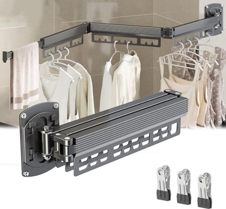 Wandmontage Kledingrek Opvouwbaar Aluminium Kledingdroger met 360° Draaibaarheid Ideaal voor Balkon en Slaapkamer