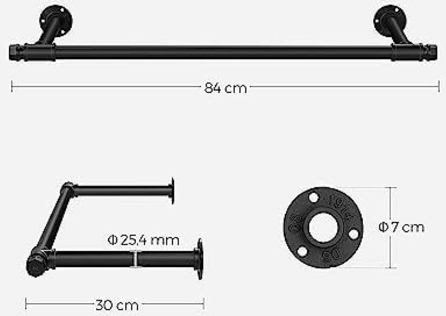 Wandmontage kledingstang set van 2 wandophangrail voor kleding industrieel ruimtebesparend 30 x 84 x 7 cm 60 kg draagvermogen eenvoudige montage zwart HSR140B02