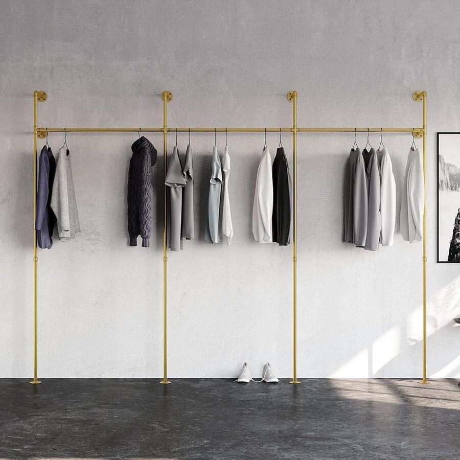Wandmontage kledingstang zware belasting waterleidingen industrieel goud KIM III kledingkasten slaapkamer