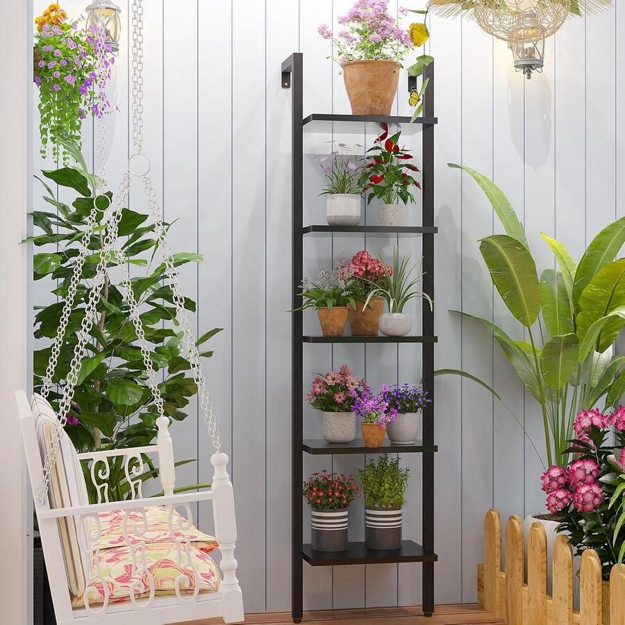 Wandmontage ladderplank 5-laags boekenkastrek opslageenheid met metalen frame industriële zwevende wandplank woonkamer keuken 40 × 30 × 178 cm zwart