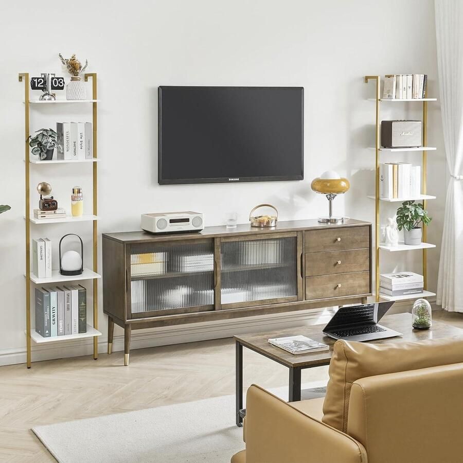 Wandmontage ladderplank 5-laags boekenplank industriële zwevende wandplank wit 40 × 30 × 178 cm