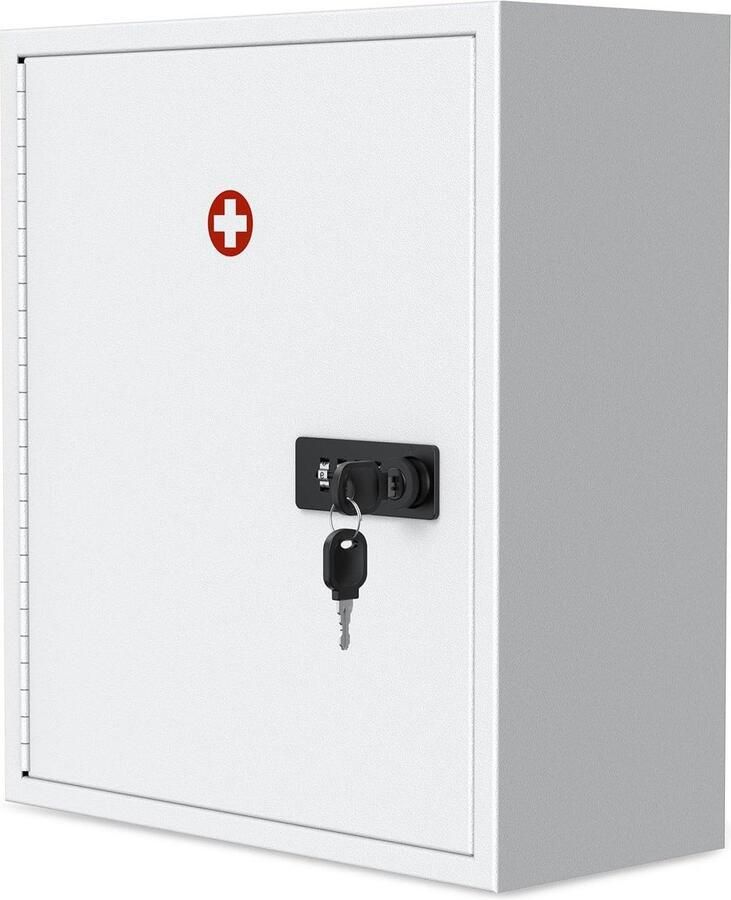 Wandmontage medicijnkastje vergrendeling combinatie sleutelvergrendeling zwart wit digitale beveiliging resetbaar