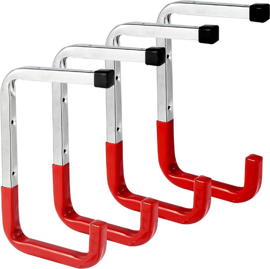Wandplafondmontage Garageopslag Stalen haken zware grote ladderhaakorganizer Metalen haken voor tuingereedschap ladders fietsen stoelen (4-pack rood)