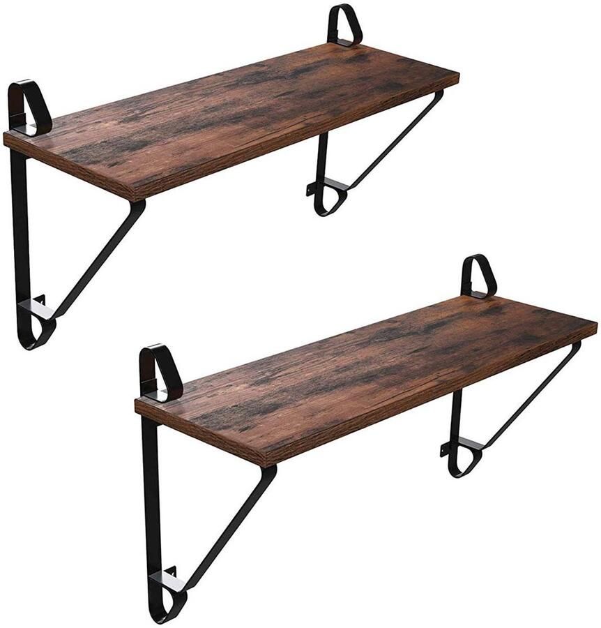 Wandplank 2-delige set Opbergplank Stevige hangende plank Stevig metalen frame Modern en strak design Geschikt voor woonkamer slaapkamer en gang 60 x 20 x 33 cm Bruin en zwart