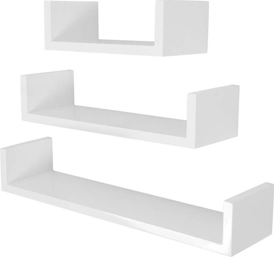Wandplank 3-delige set U-vorm hangplank boekenplank 30-45-60 cm decoratief creatief slaapkamer woonkamer keuken hal wit Meerveil bathroom shelf wood