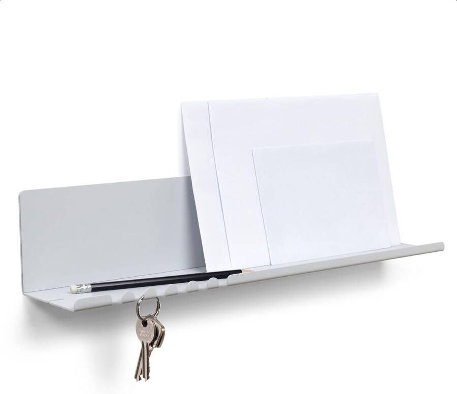 Wandplank 44 x 9 x 9 cm 5 haken en kabelhouder Hangplank van gepoedercoat plaatstaal Sleutelhouder Organizer en letters voor entree keuken kantoor grijze kleur