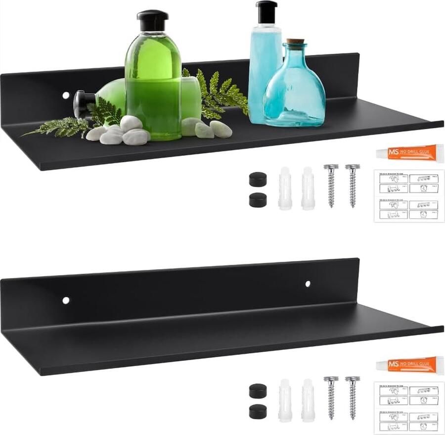 Wandplank Boekenplank Doucheplank muur keukenplank 2 stuks 30*12*4 cm Aluminiumlegering zwart Zwevende zonder boren voor thuis badkamer