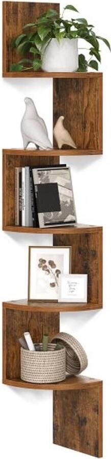 ZAZA Home Wandplank Hoekrek 5-Laags Zwevende Boekenplank Plantenplank Rustiek Bruin
